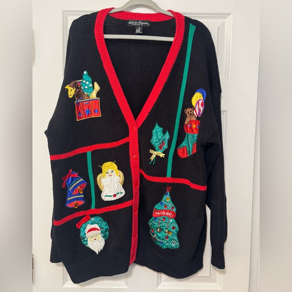 Women’s Work In Progress Vintage 90s Christmas Holiday Knit Sweater Cardigan 3X